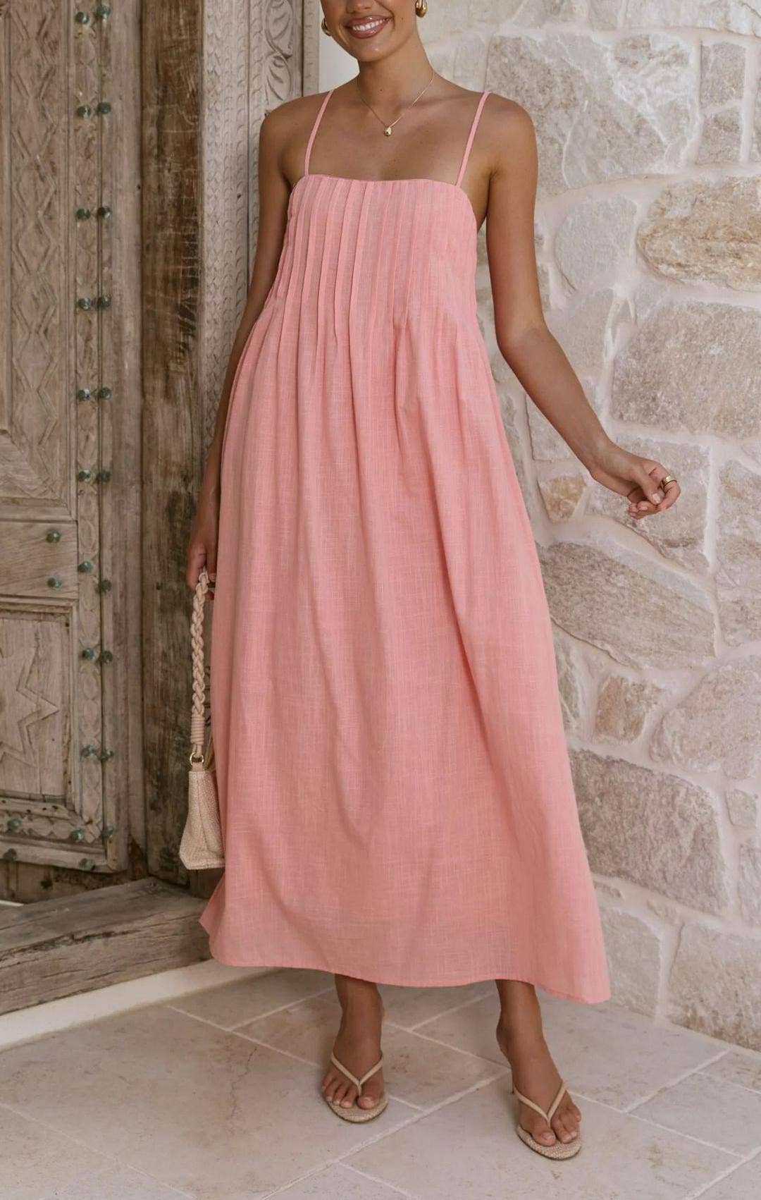 Sleeveless Pleated Maxi Dress with Spaghetti Straps