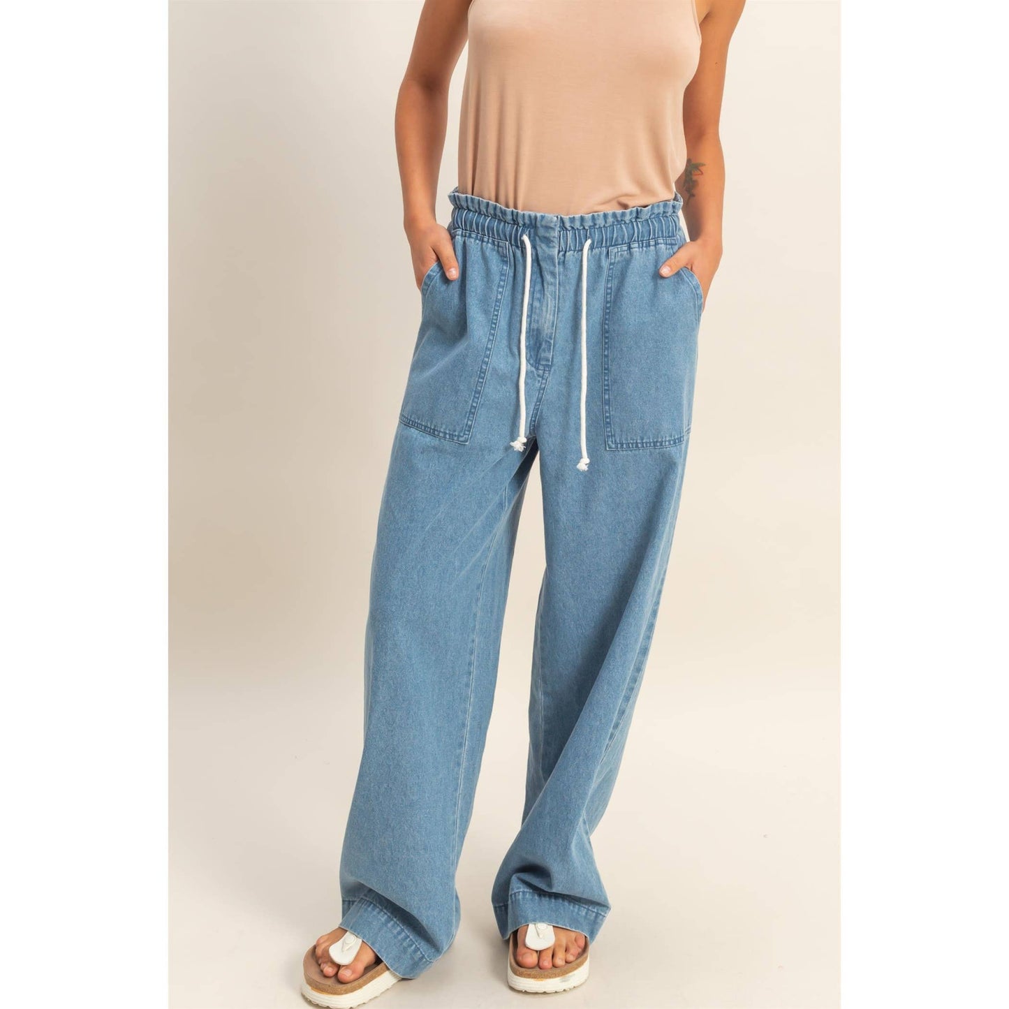 Patch Pocket Wide-Leg Denim Pants