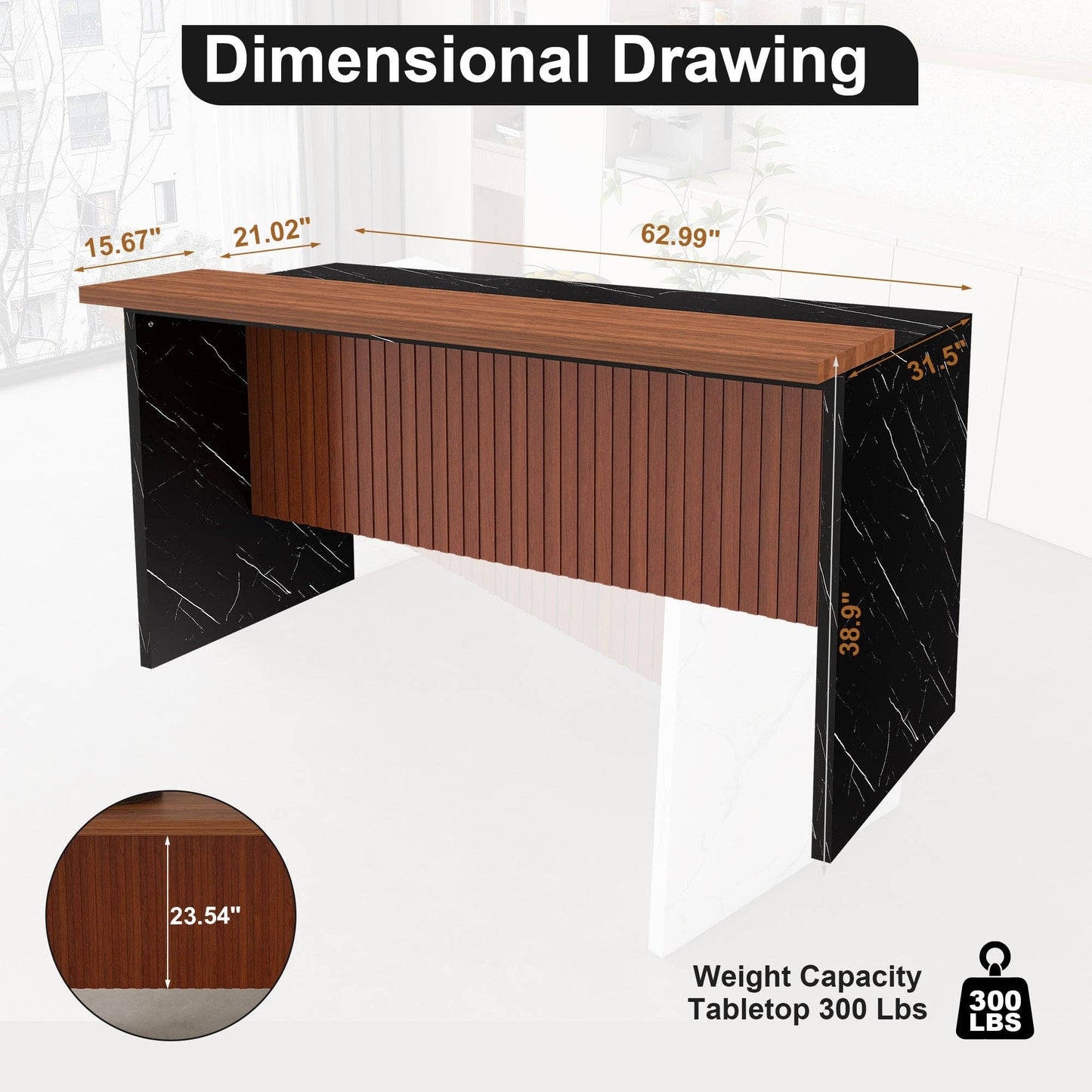 Salon Reception Desk, Marble-Look LED Front Desk, 63"