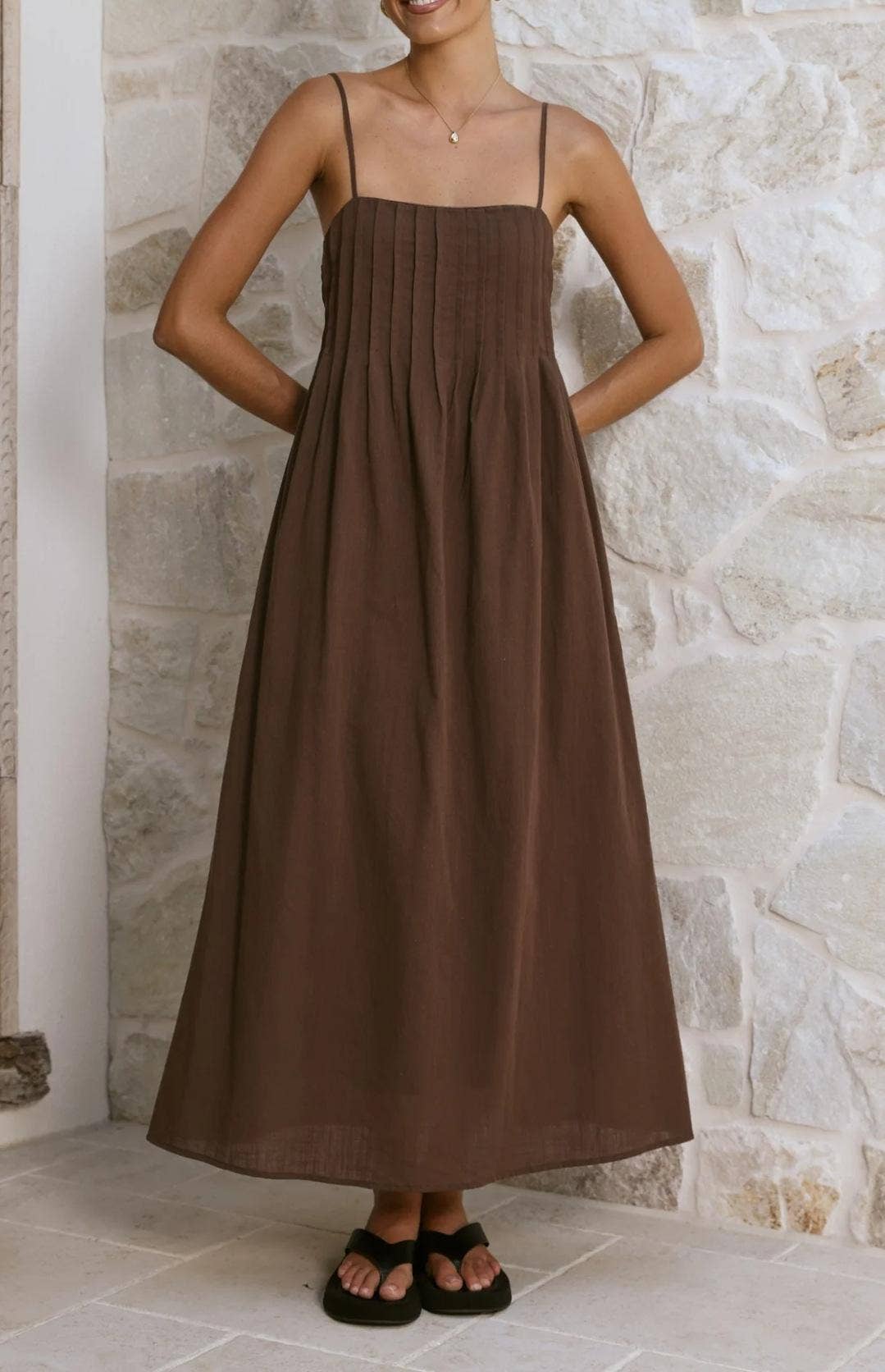 Sleeveless Pleated Maxi Dress with Spaghetti Straps