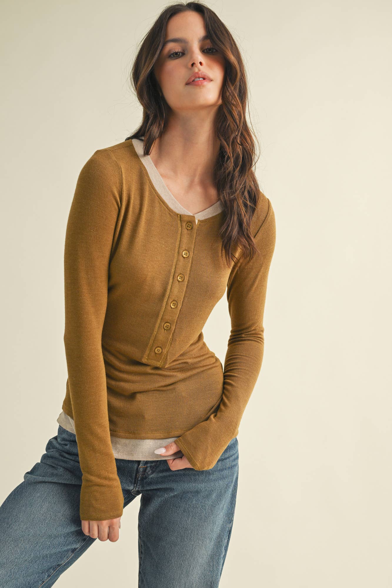 Contrast Trim Thumbhole Henley Top