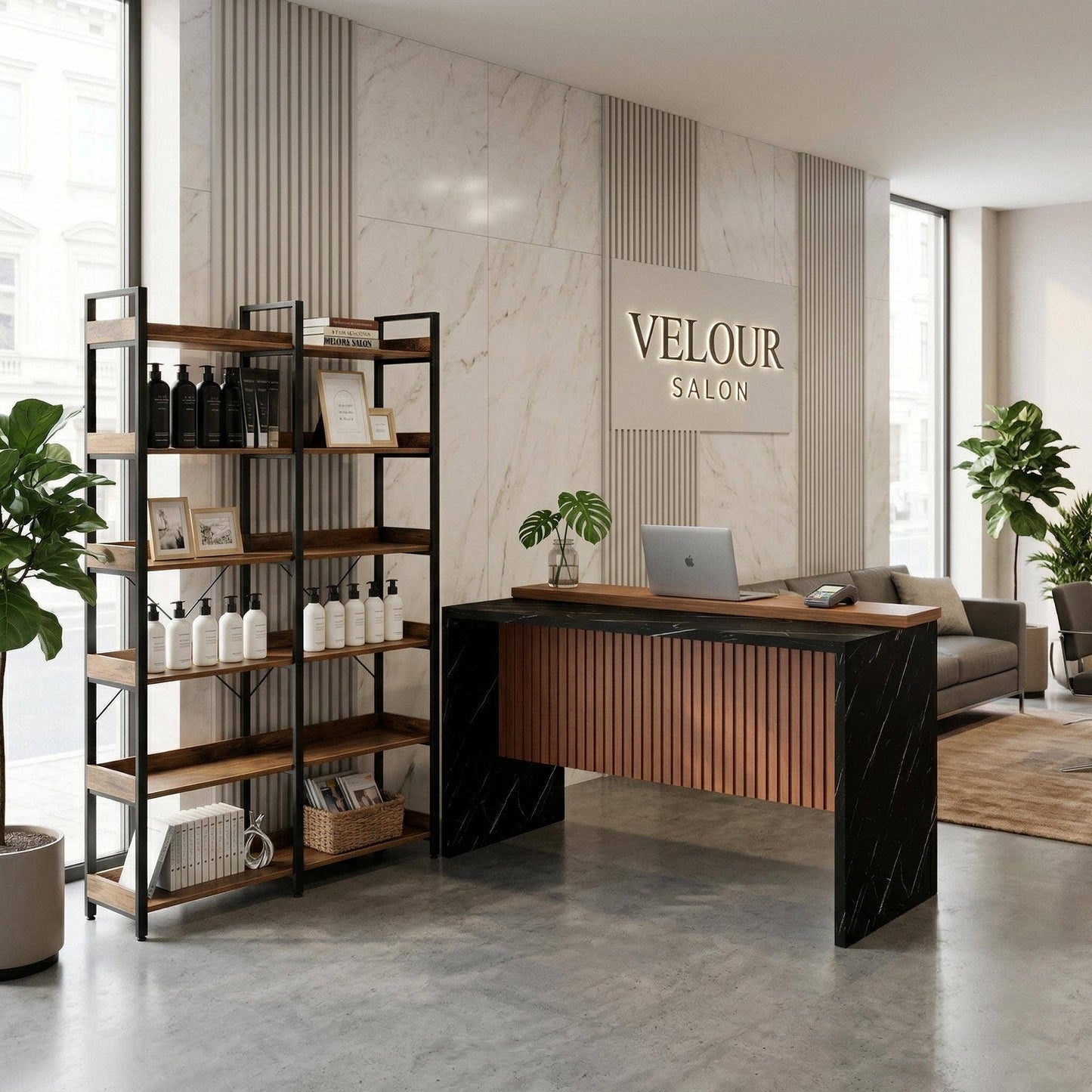 Salon Reception Desk, Marble-Look LED Front Desk, 63"