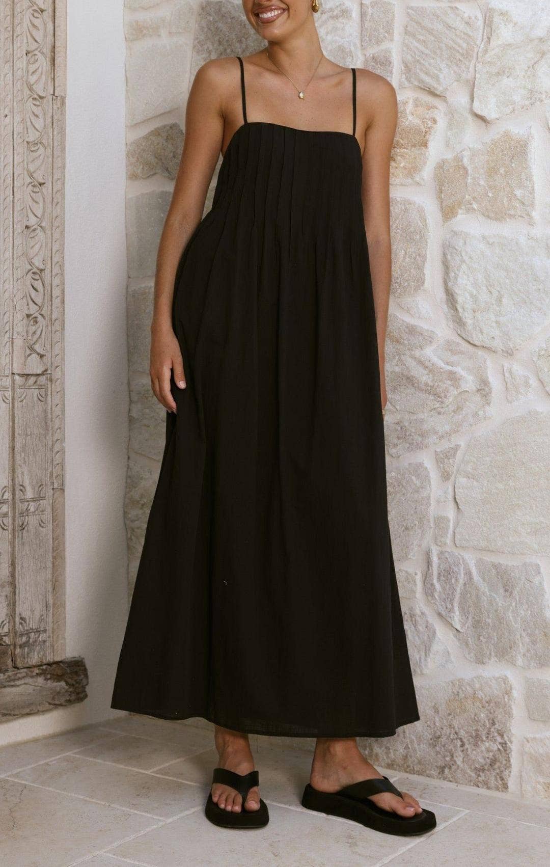 Sleeveless Pleated Maxi Dress with Spaghetti Straps