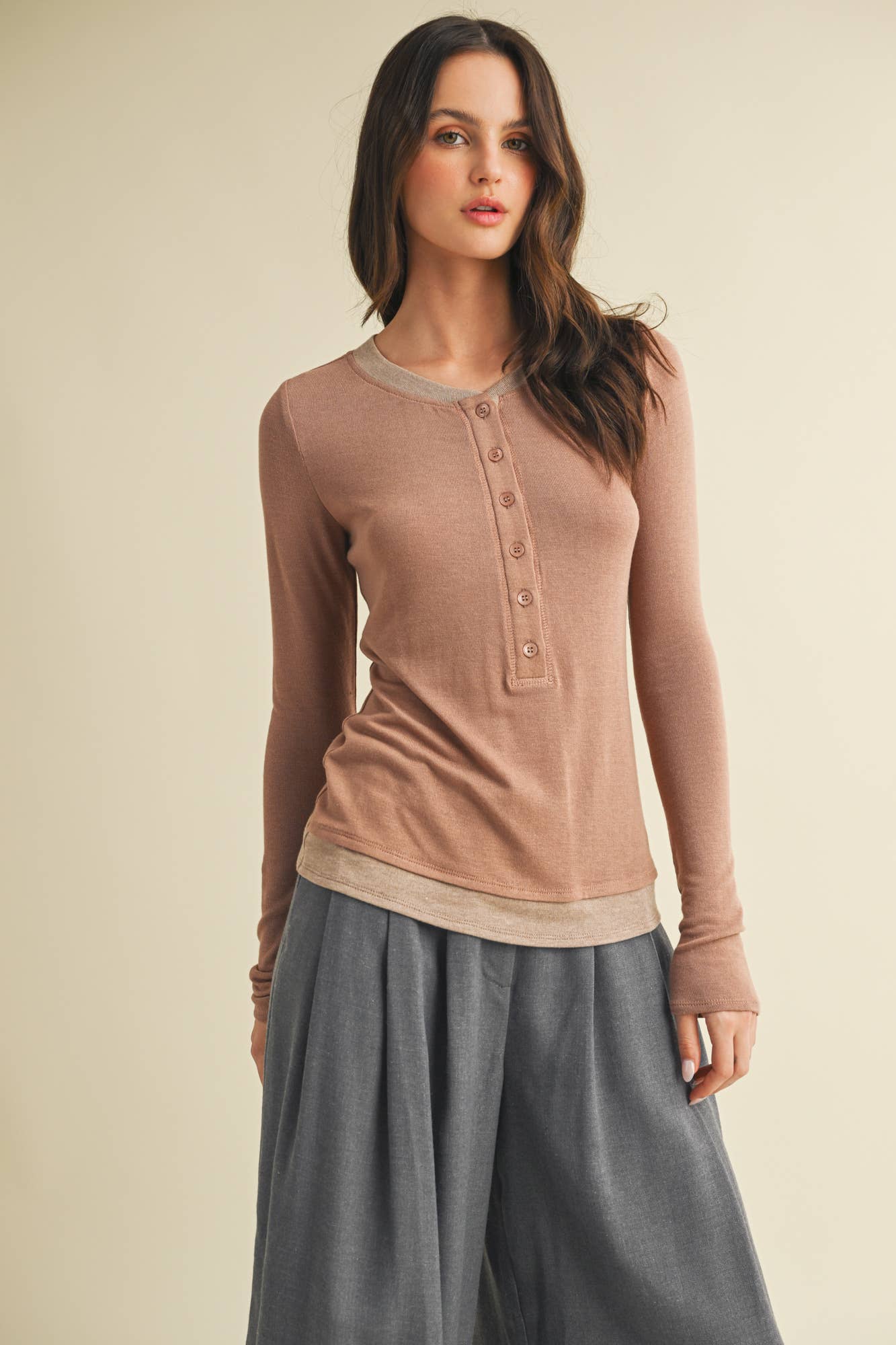 Contrast Trim Thumbhole Henley Top