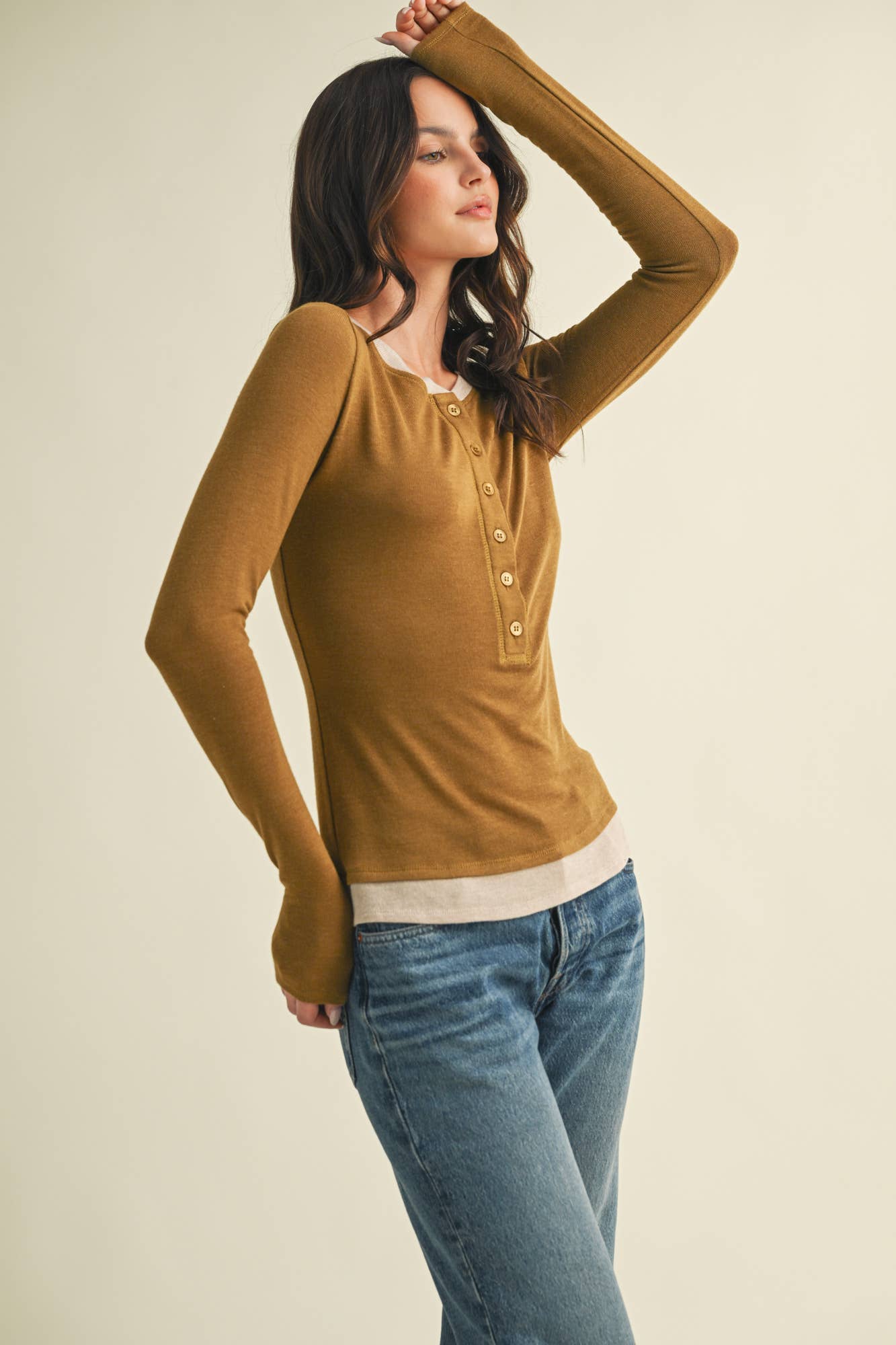 Contrast Trim Thumbhole Henley Top