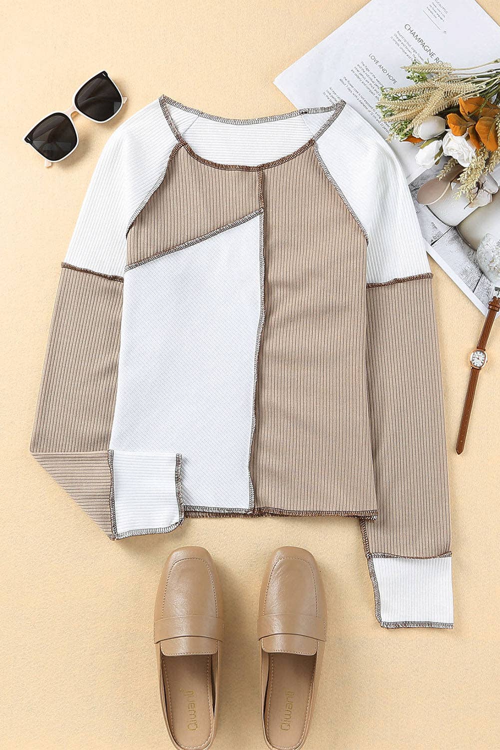 Color Block Seaming Trim Rib Knit Top