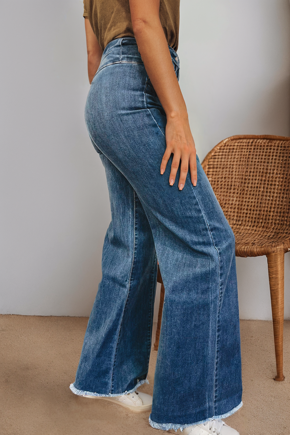 LDC High Waist Button Fly Seamed Raw Hem Flare Jeans