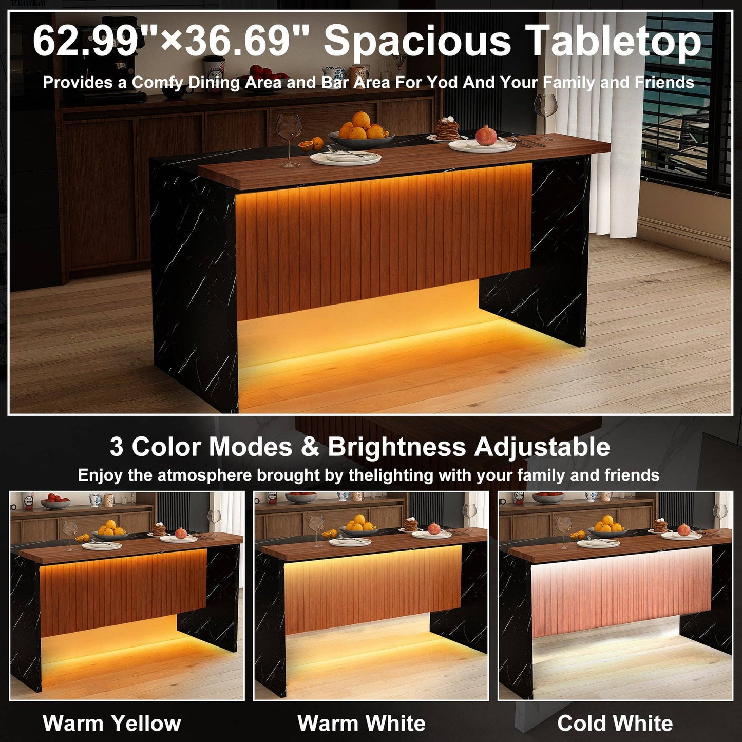 Salon Reception Desk, Marble-Look LED Front Desk, 63"
