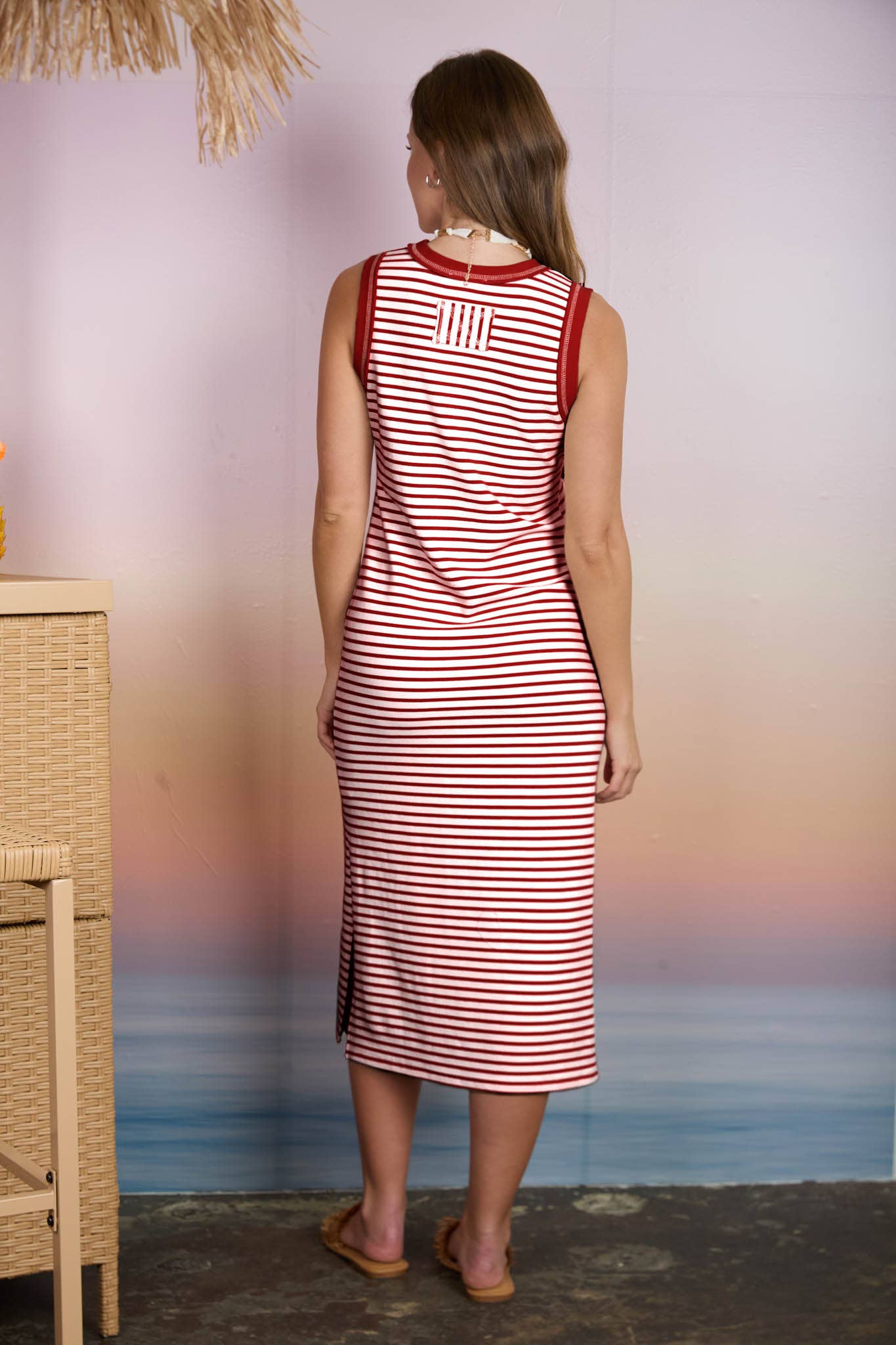 STRIPE CONTRAST TRIM SLEEVELESS KNIT MIDI DRESS