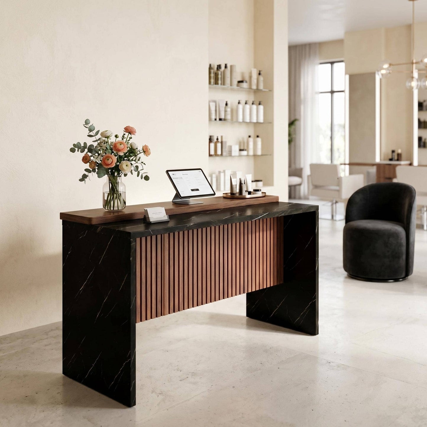 Salon Reception Desk, Marble-Look LED Front Desk, 63"