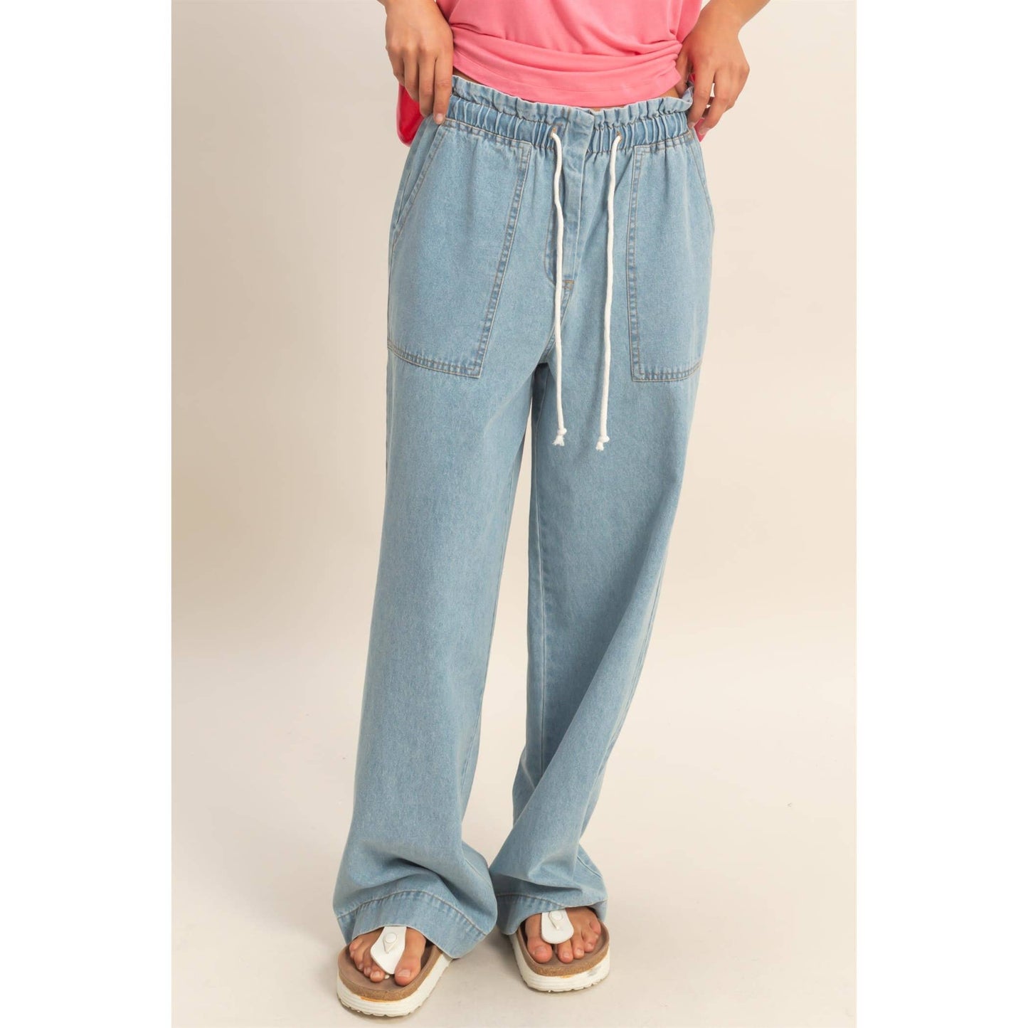 Patch Pocket Wide-Leg Denim Pants