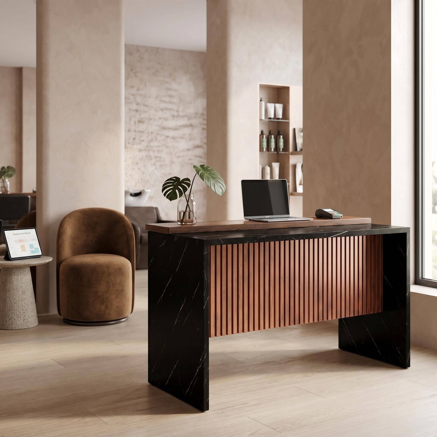Salon Reception Desk, Marble-Look LED Front Desk, 63"