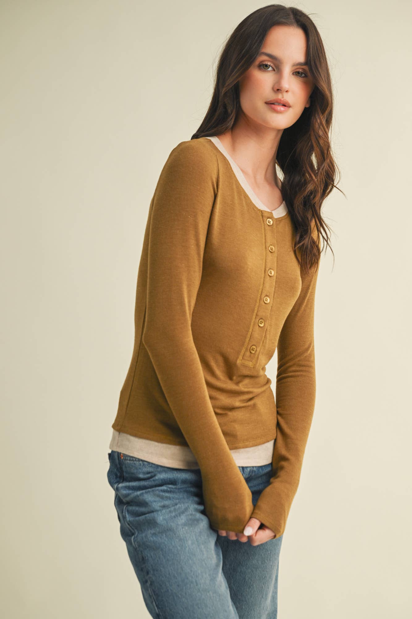Contrast Trim Thumbhole Henley Top