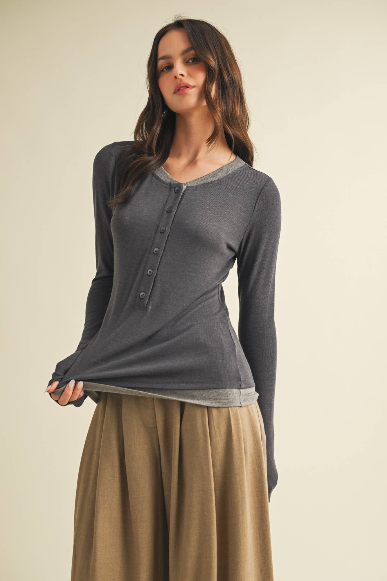 Contrast Trim Thumbhole Henley Top