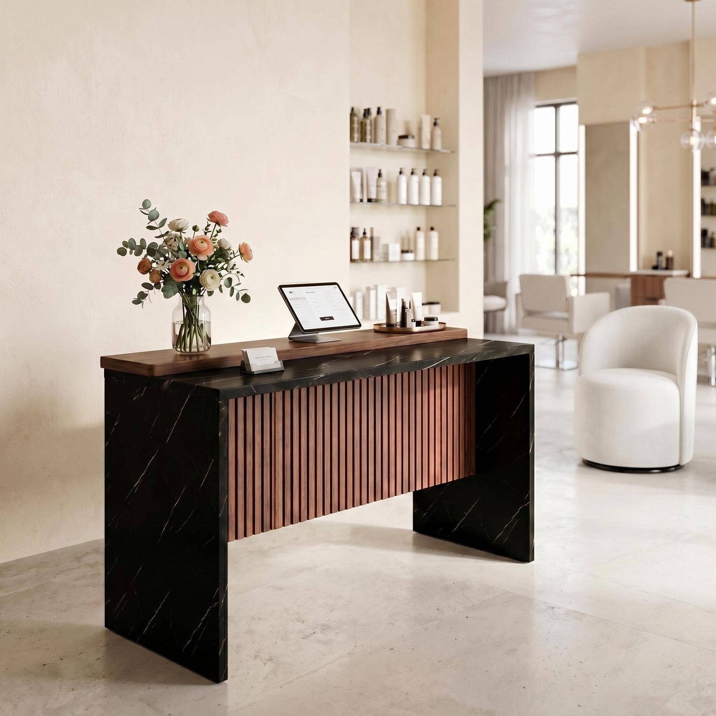 Salon Reception Desk, Marble-Look LED Front Desk, 63"