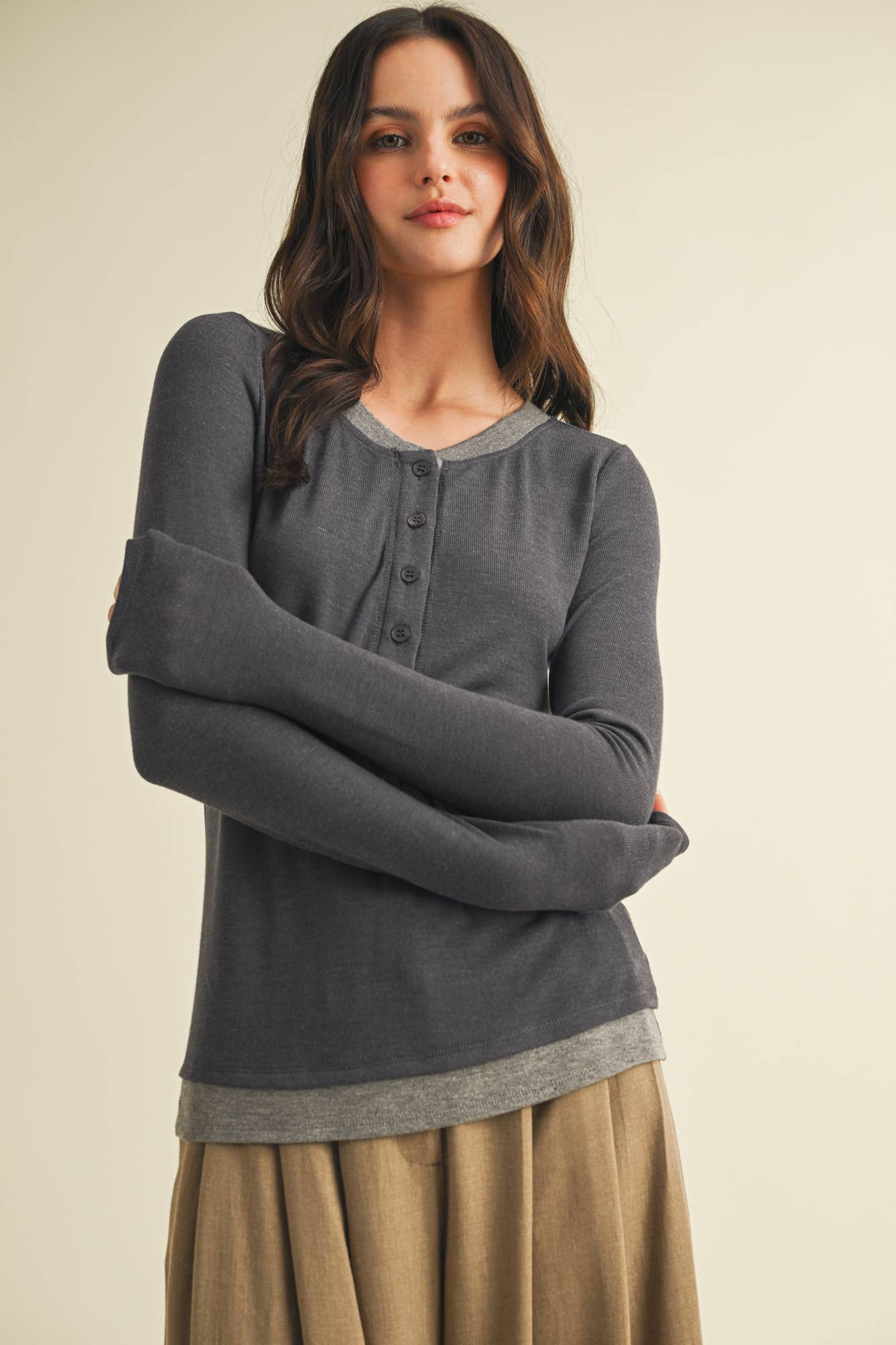 Contrast Trim Thumbhole Henley Top