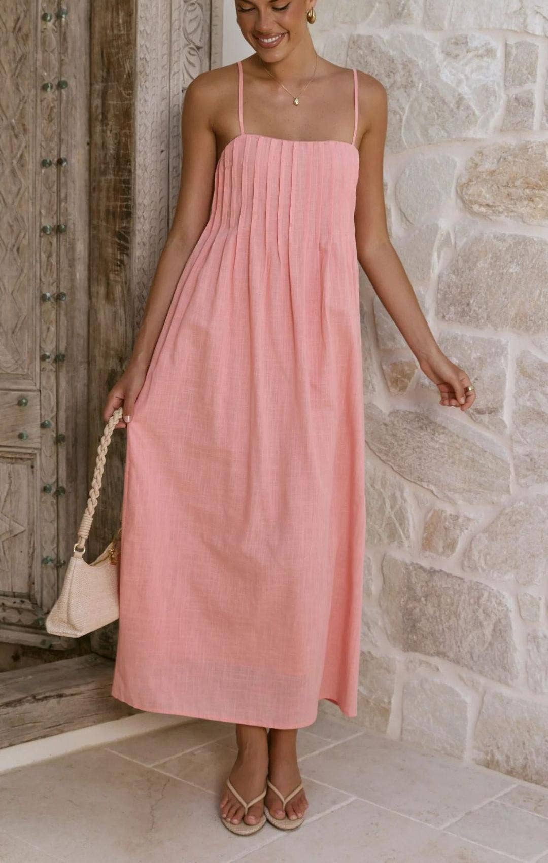 Sleeveless Pleated Maxi Dress with Spaghetti Straps