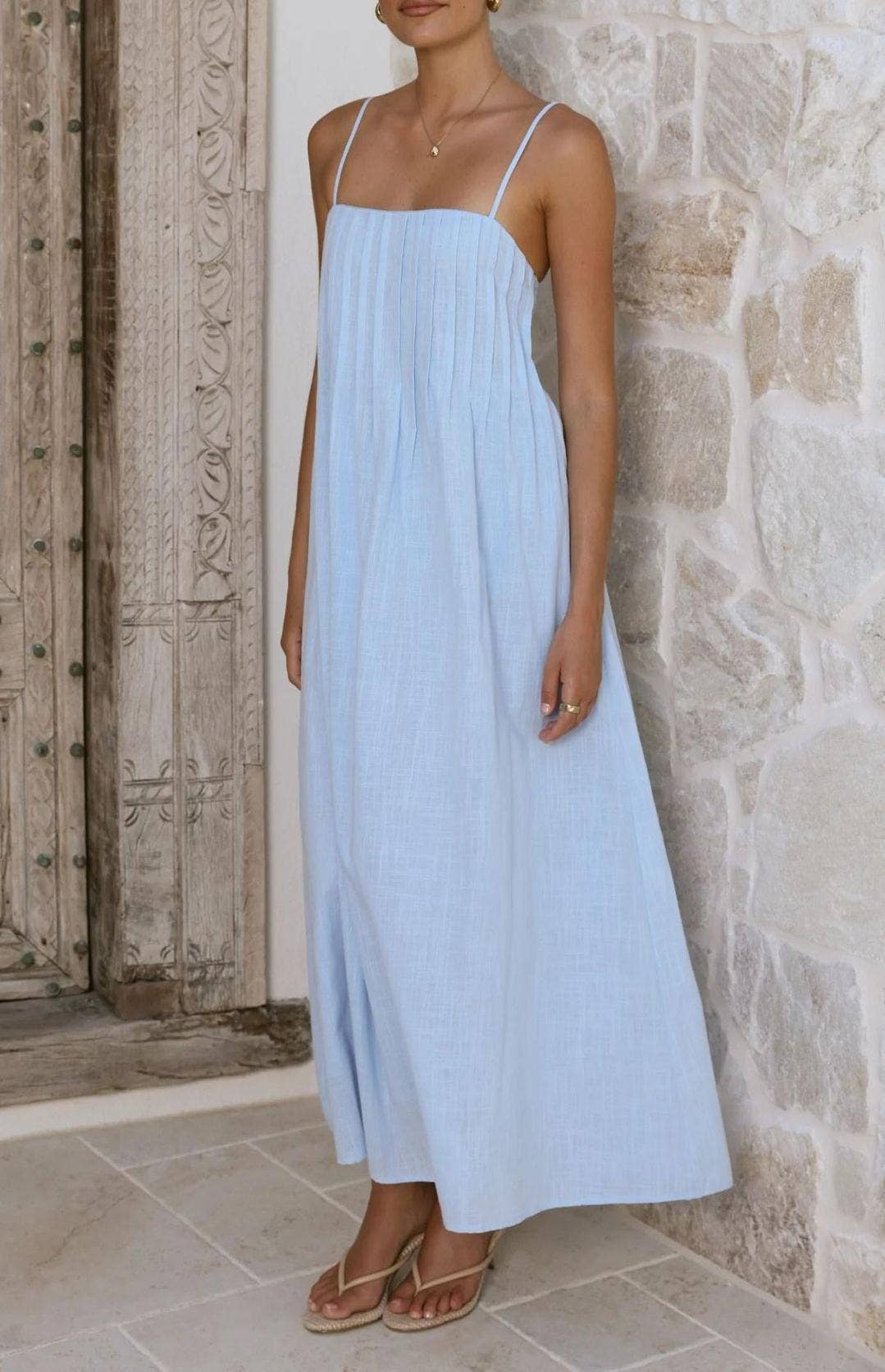 Sleeveless Pleated Maxi Dress with Spaghetti Straps