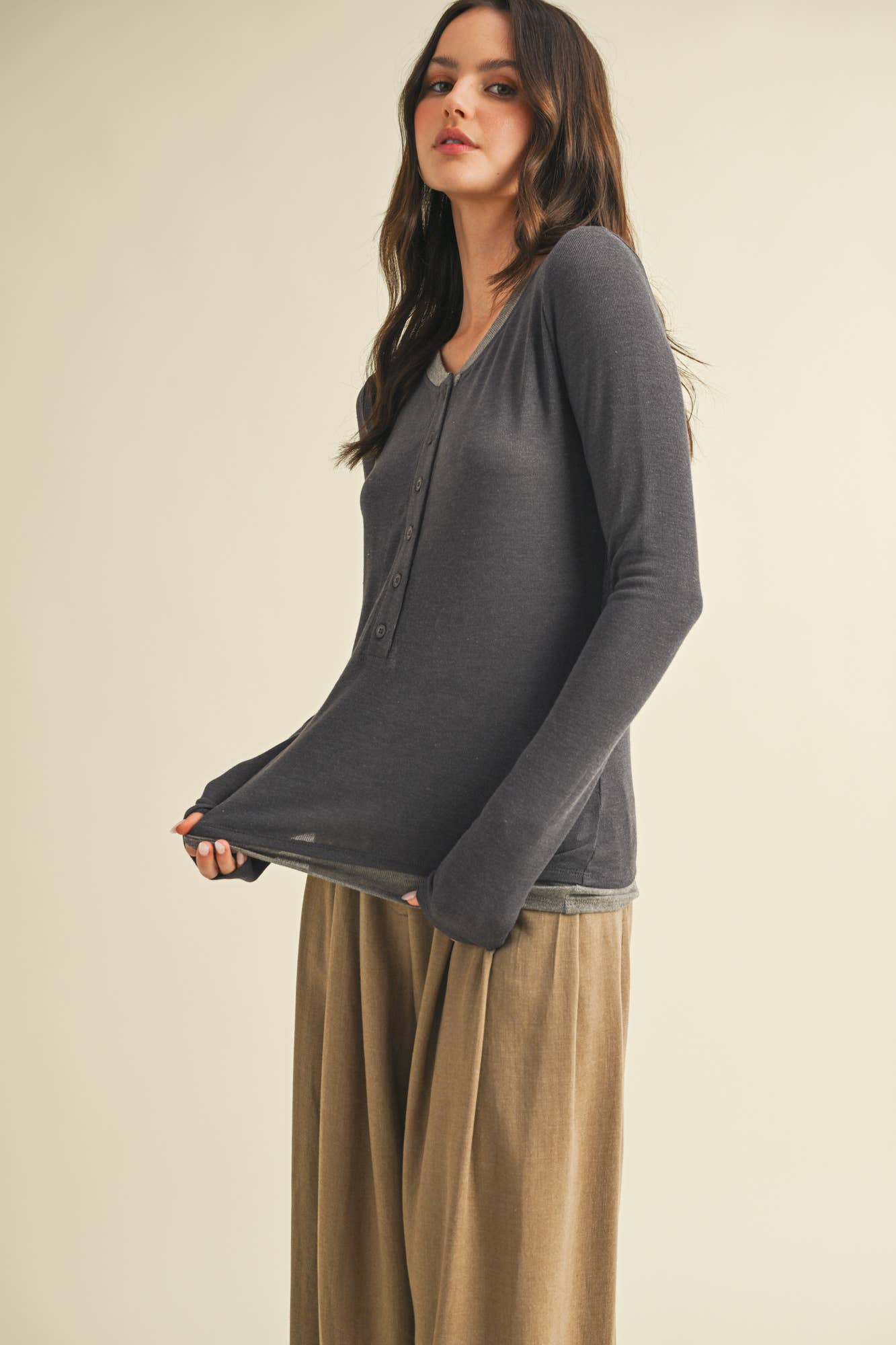 Contrast Trim Thumbhole Henley Top