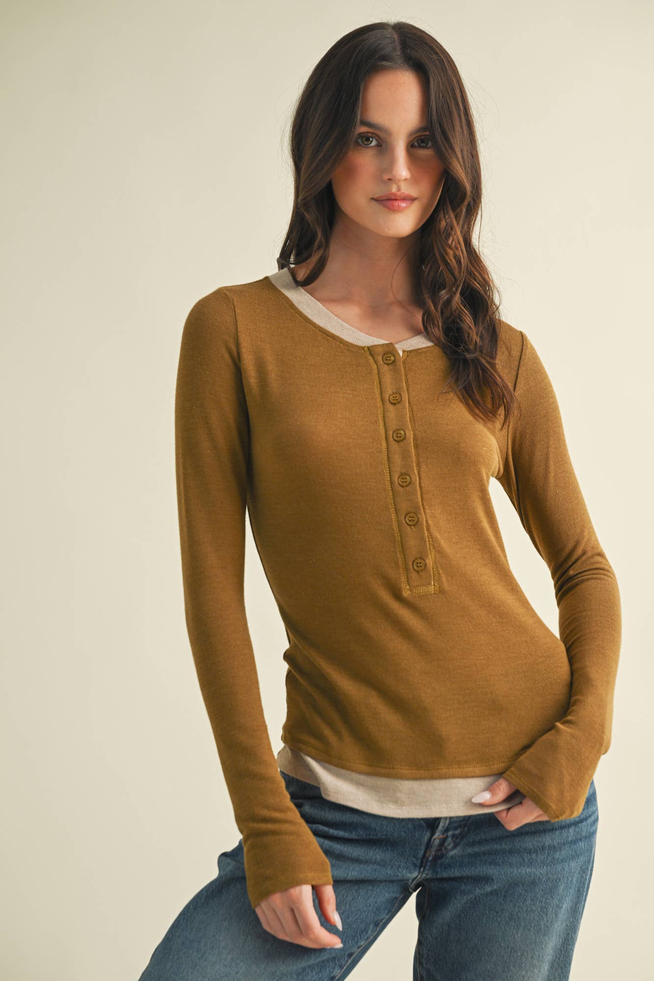 Contrast Trim Thumbhole Henley Top