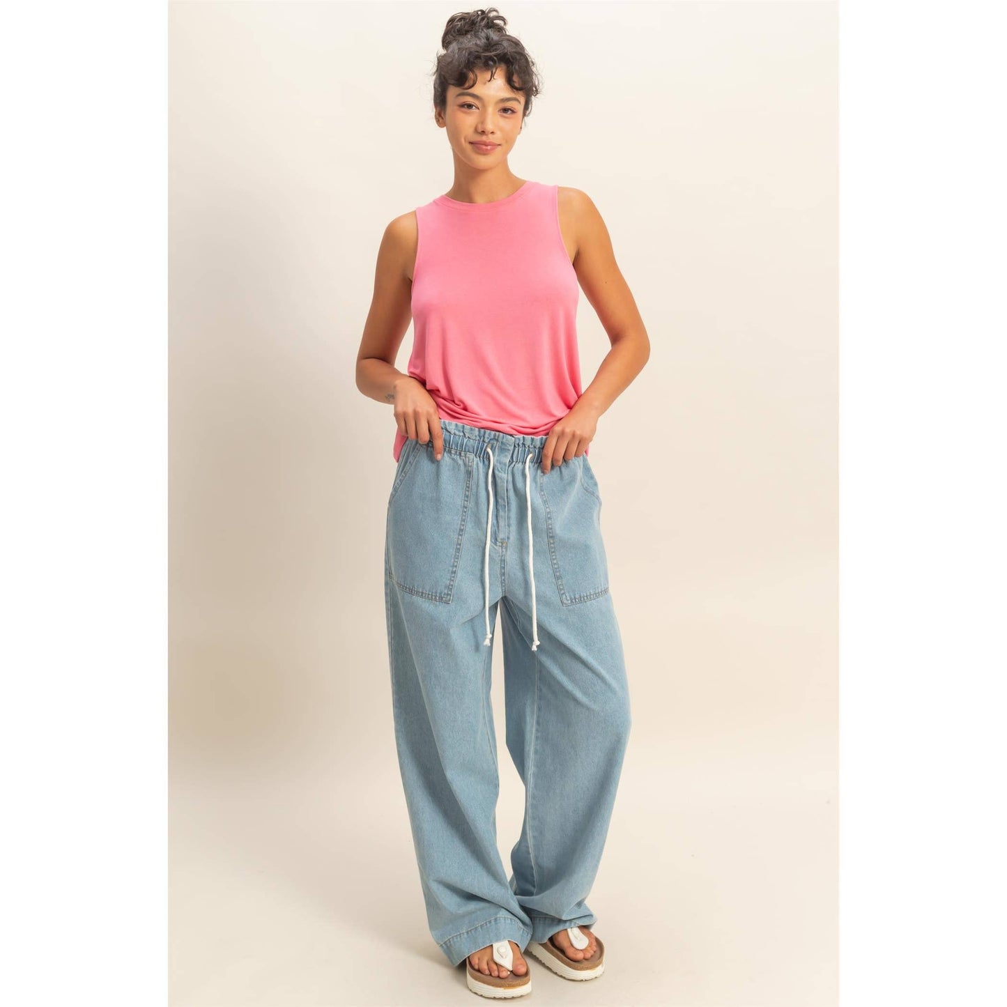 Patch Pocket Wide-Leg Denim Pants