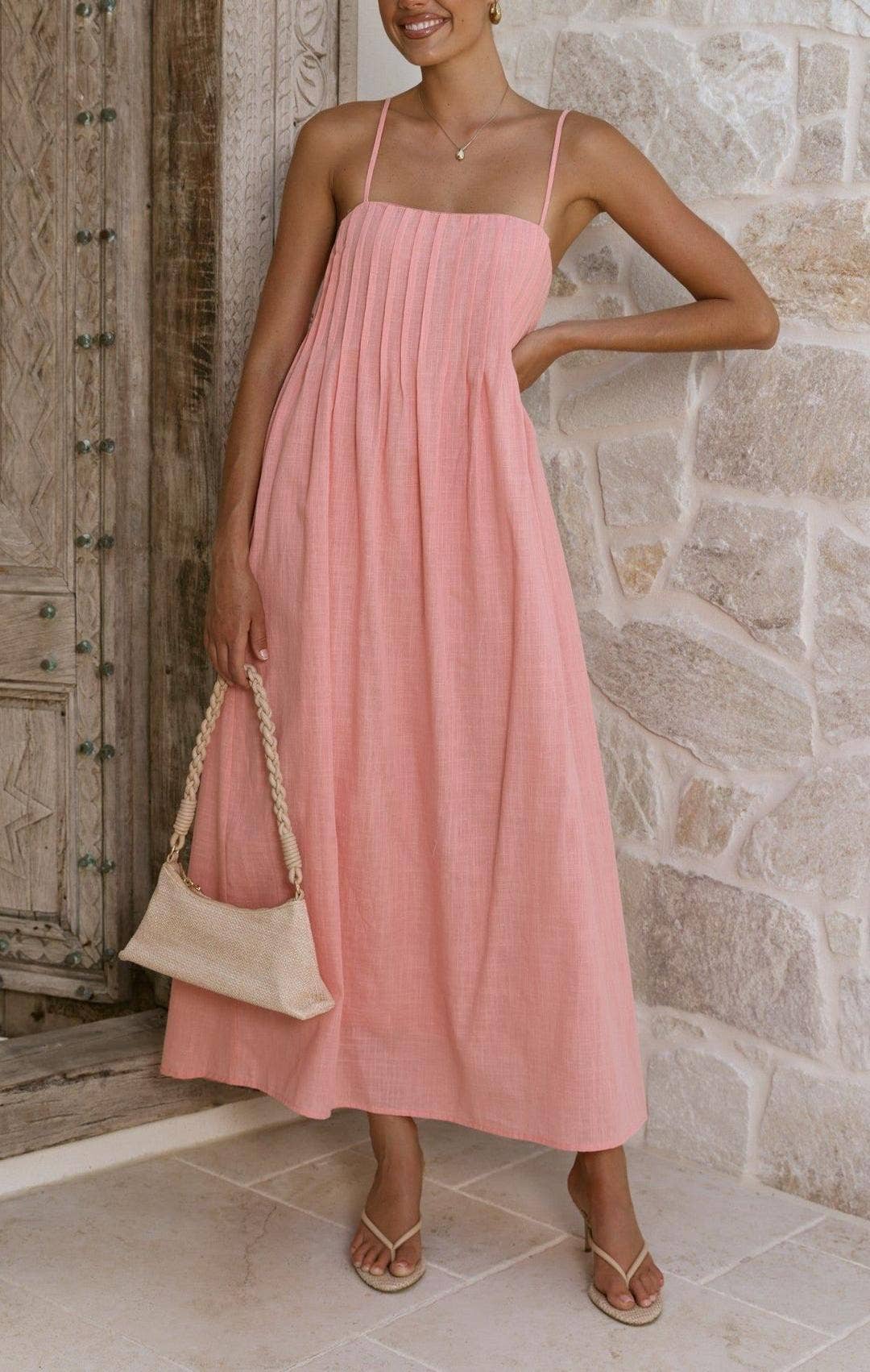 Sleeveless Pleated Maxi Dress with Spaghetti Straps