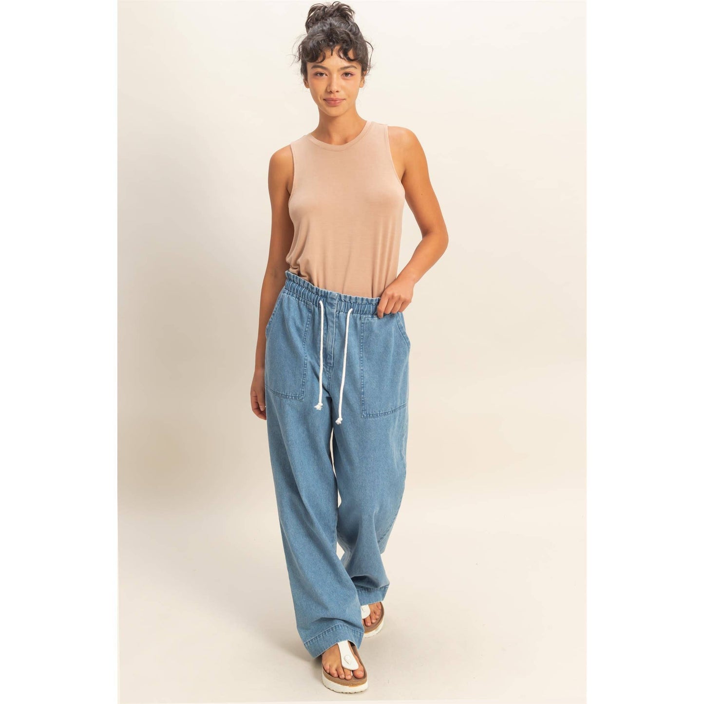 Patch Pocket Wide-Leg Denim Pants